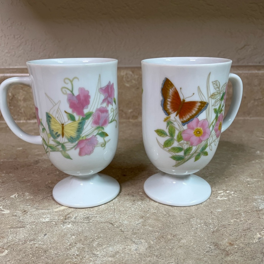 Porcelain Pedestal Mugs with Butterfly & Pink Floral Design